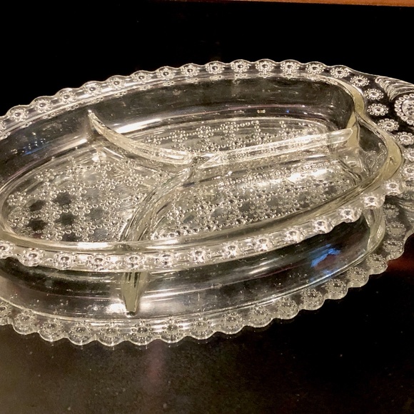 VTG Clear Pressed Glass Circles Dots Grid 3 Section Relish Condiment Candy Dish - Picture 3 of 9